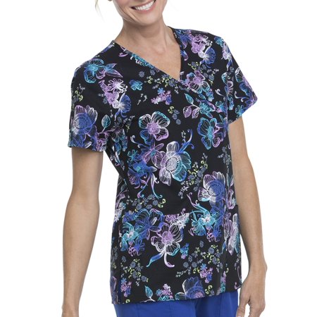 "Luminescent Flower" Mock Wrap Printed Scrub Top