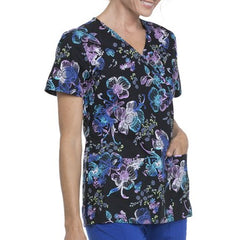 "Luminescent Flower" Mock Wrap Printed Scrub Top