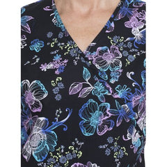 "Luminescent Flower" Mock Wrap Printed Scrub Top