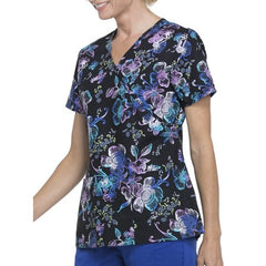 "Luminescent Flower" Mock Wrap Printed Scrub Top